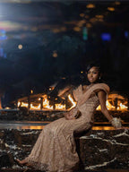 Golden Radiance - Rose Gold Off-Shoulder Sequin Beaded Mermaid Prom Dress with Feather Cuffs BMBRIDE