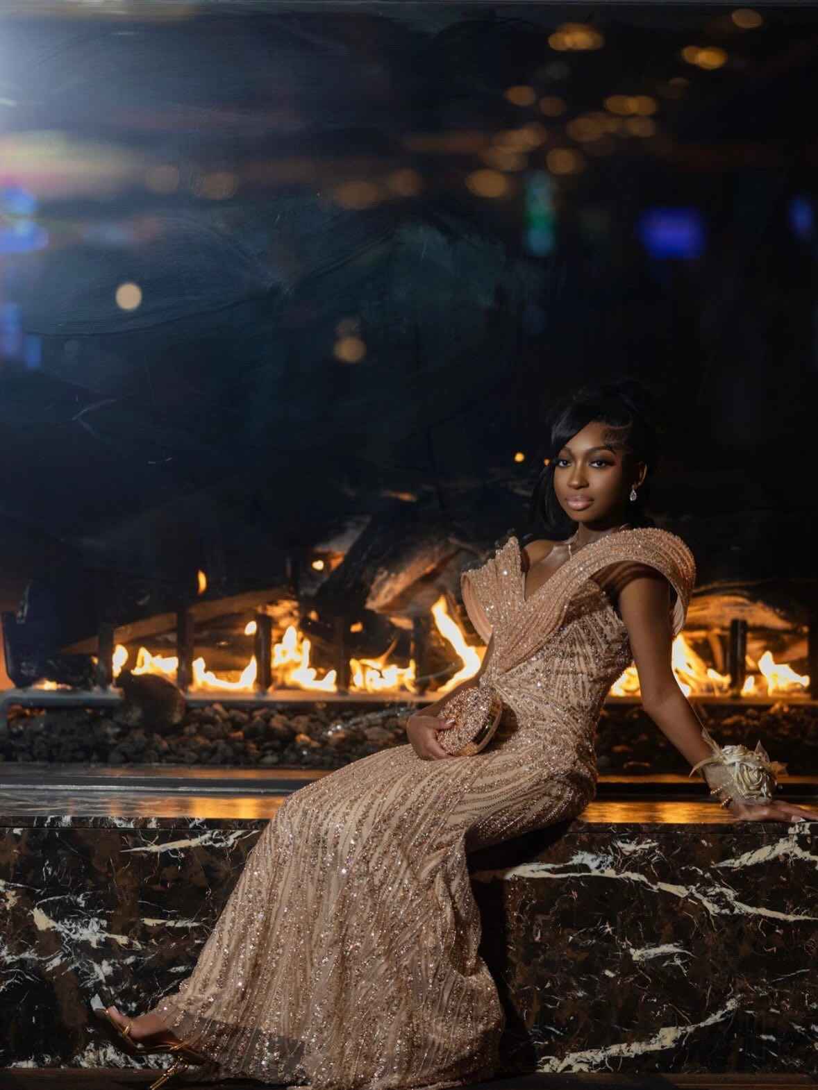 Golden Radiance - Rose Gold Off-Shoulder Sequin Beaded Mermaid Prom Dress with Feather Cuffs