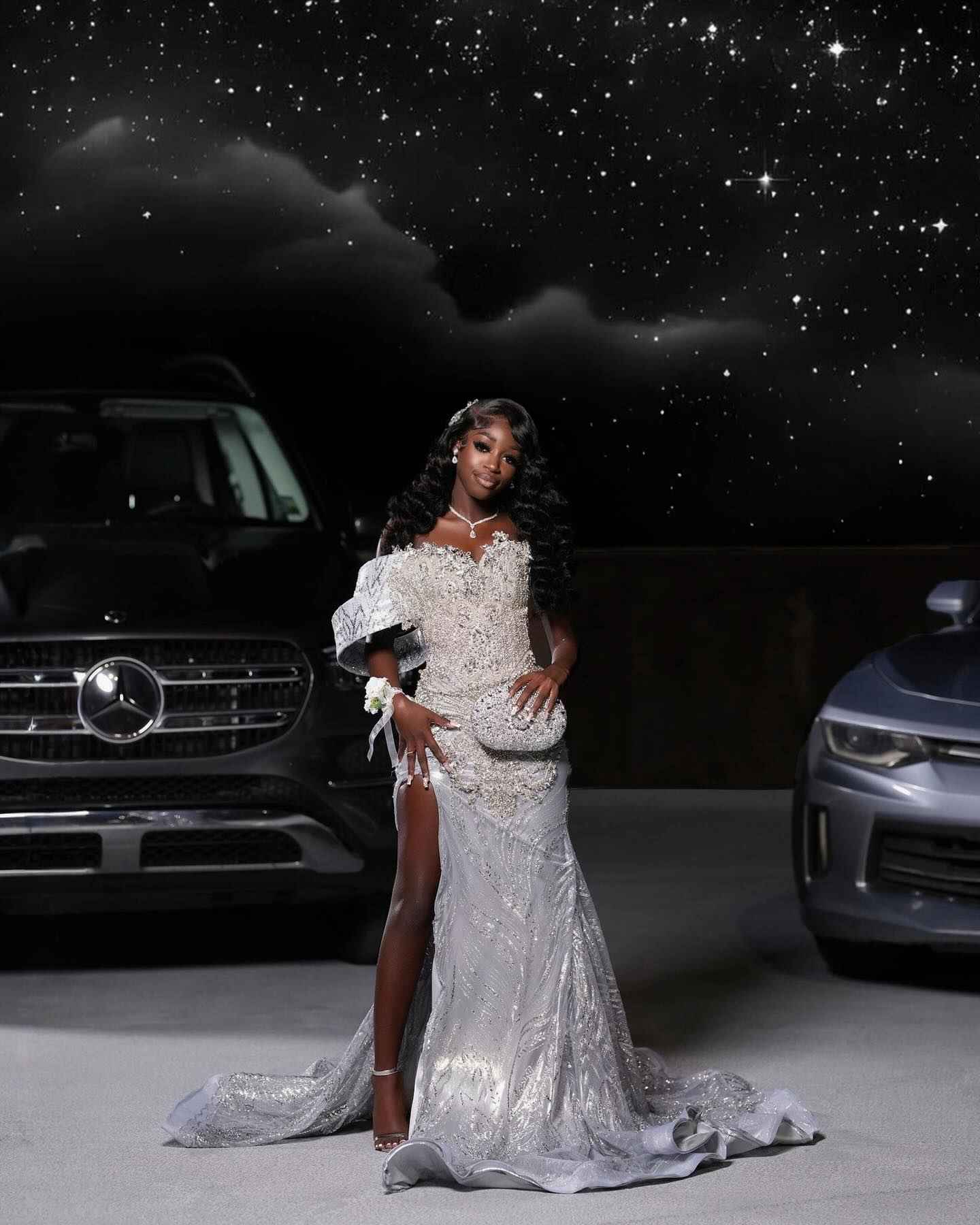Starlight Dream - Silver Crystal Beaded Off-Shoulder Mermaid Prom Dress with Thigh Slit