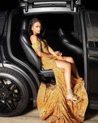 Golden Hour Glamour - Beaded Fringe Mermaid Prom Dress with Plunging Neckline