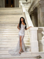 The Silver Feather - 2026 Crystal Beaded Illusion Gown: Sweetheart Neckline with Sheer Bodice, High Slit & White Feather Cathedral Train