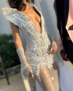 The Silver Ice - 2026 Crystal Beaded Mermaid Gown: Deep V-Neckline with Cascading Crystal Fringe, Shoulder Embellishments & Layered Tulle Train