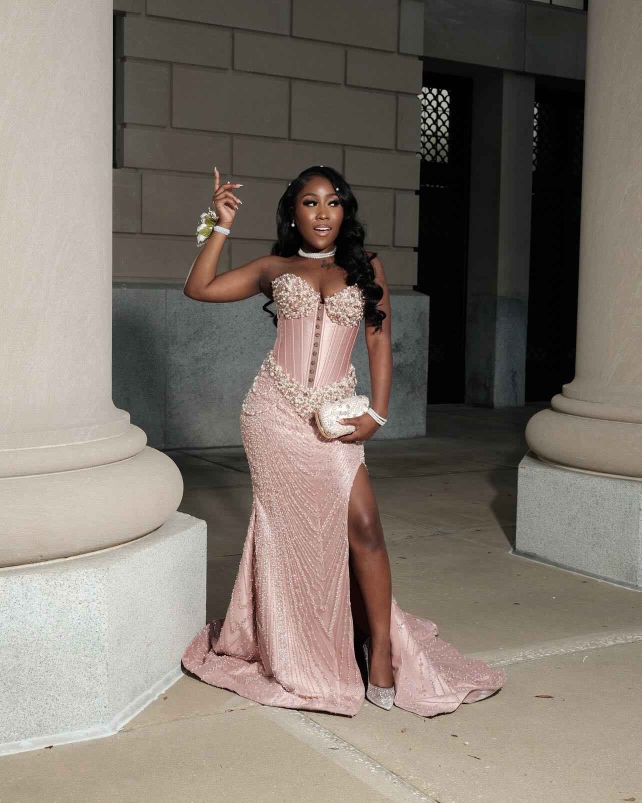 Pearl Perfection - Beaded Corset Mermaid Prom Dress with Detachable Sleeves