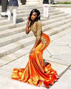 The Golden Hour - 2026 Orange Ombre Satin Mermaid Gown: One-Shoulder Gold Lace Appliqué with Sheer Illusion Bodice & Cathedral Train
