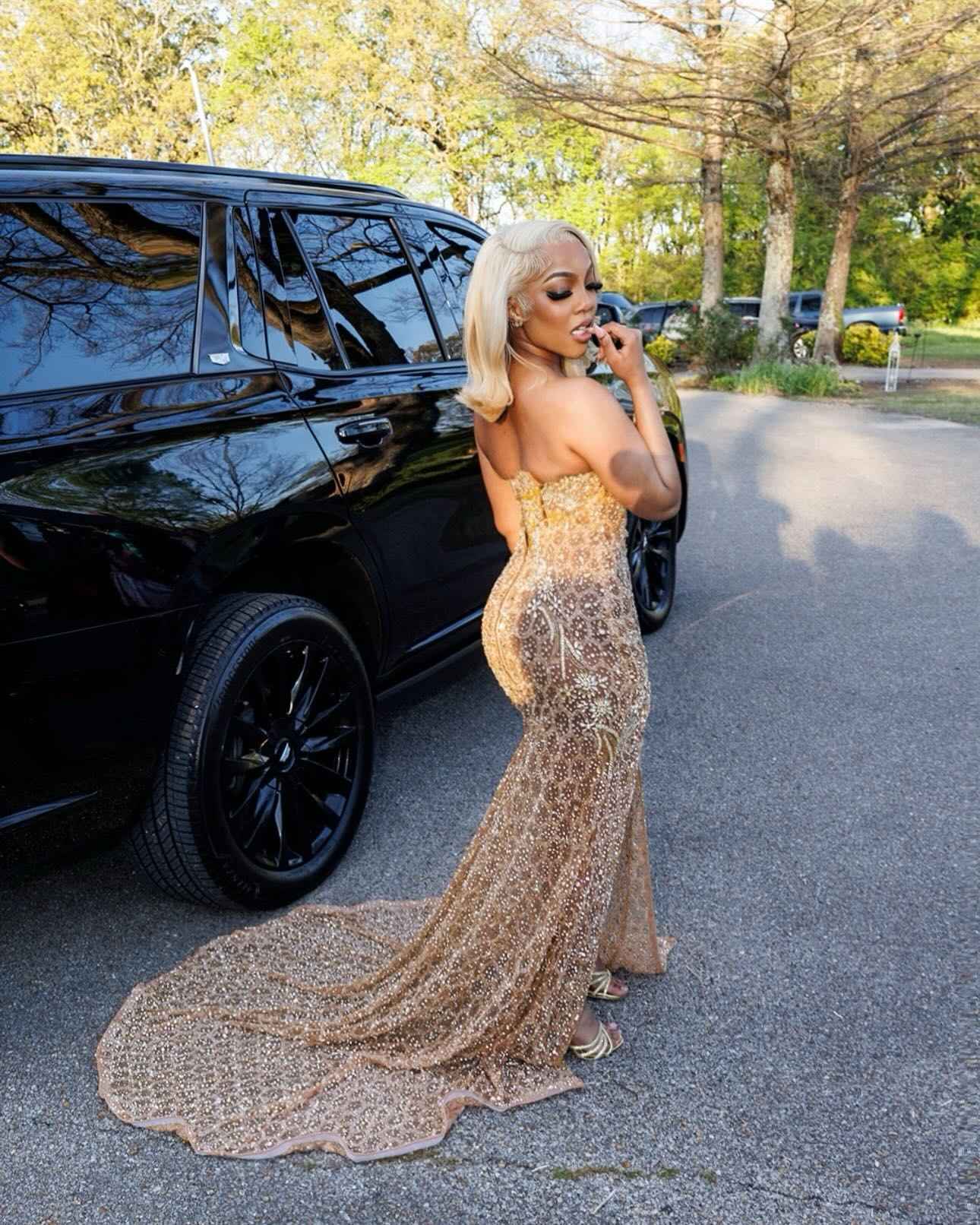 Champagne Star - Crystal Beaded Prom Dress with 3D Florals & High Slit