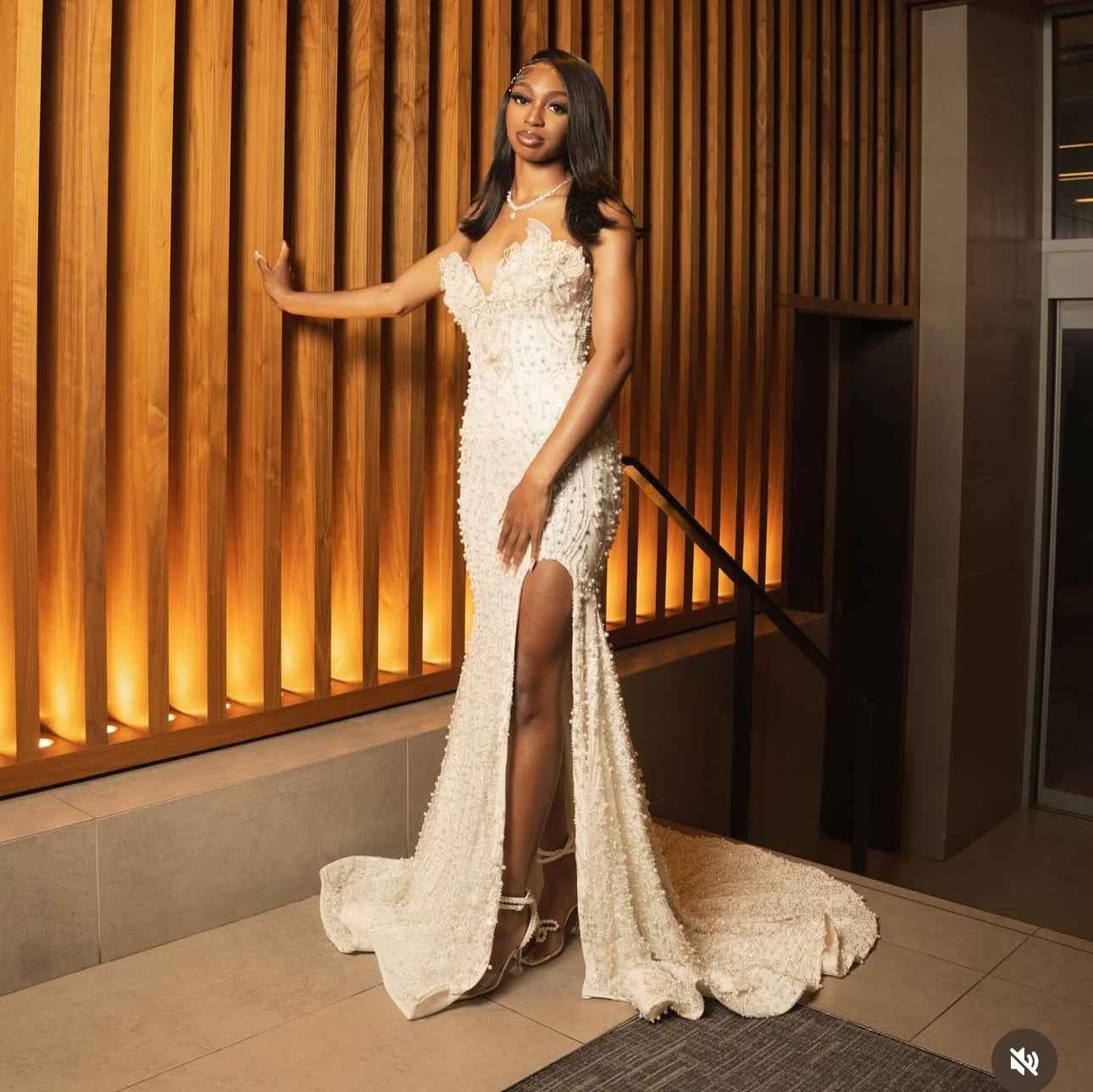 White Enchantment - Beaded Floral Mermaid Prom Dress with Crystal Details