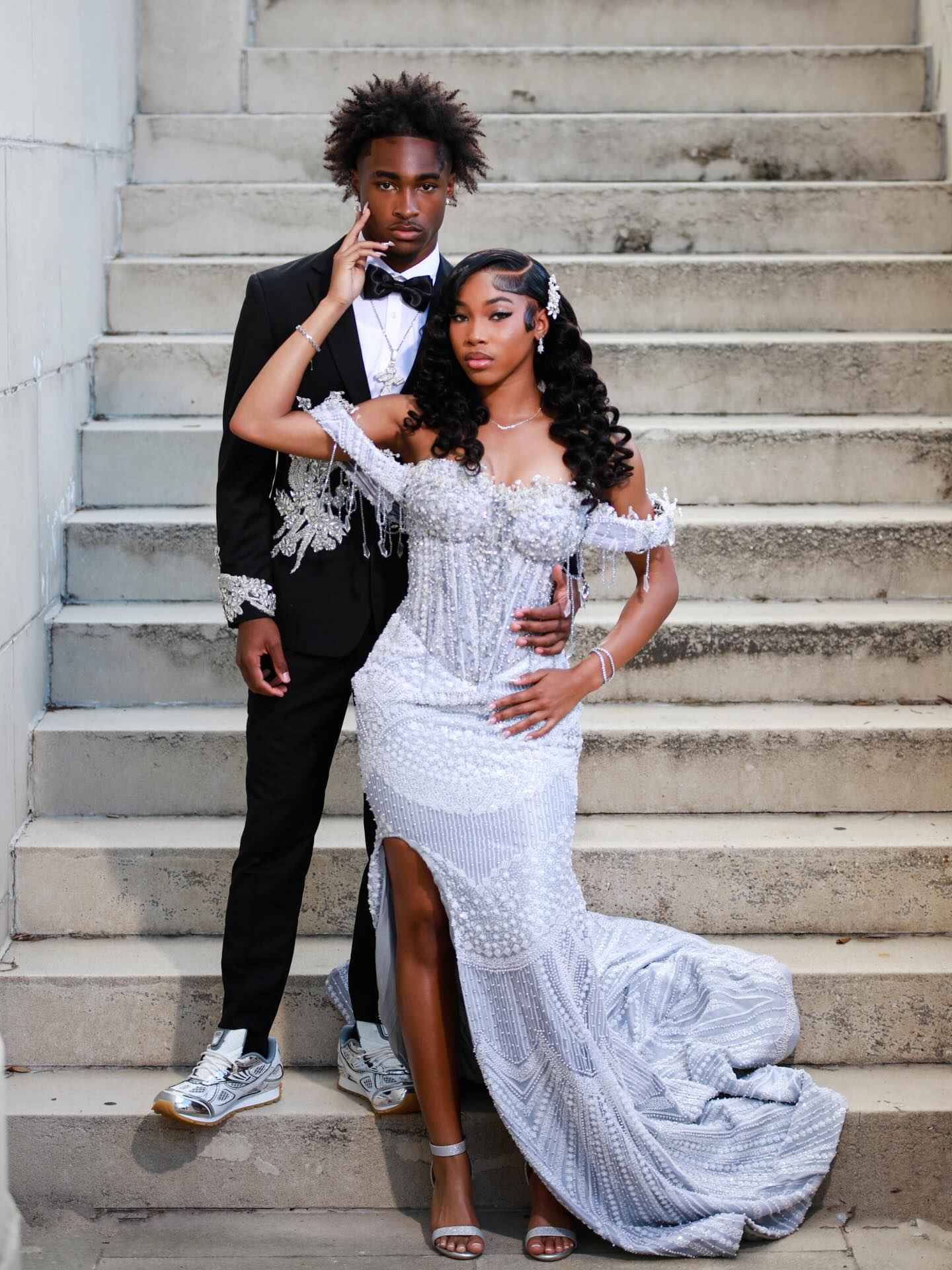 Silver Frost - Silver Crystal Beaded Off-Shoulder Mermaid Prom Dress with Crystal Fringe & Thigh Slit