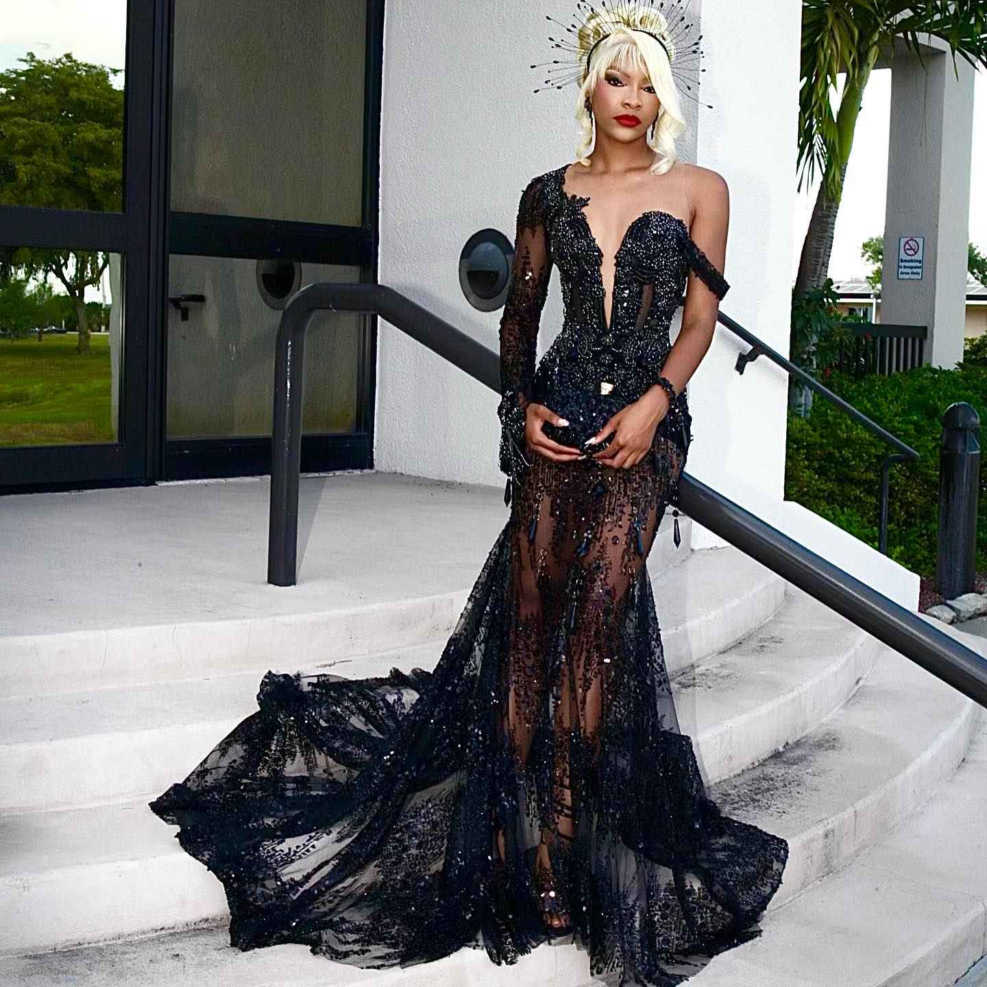 Black Diamond - One Shoulder Sequined Mermaid Prom Dress with Sheer Train