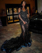 Black Elegance - 3D Floral Beaded Mermaid Prom Dress with Ruffle Train