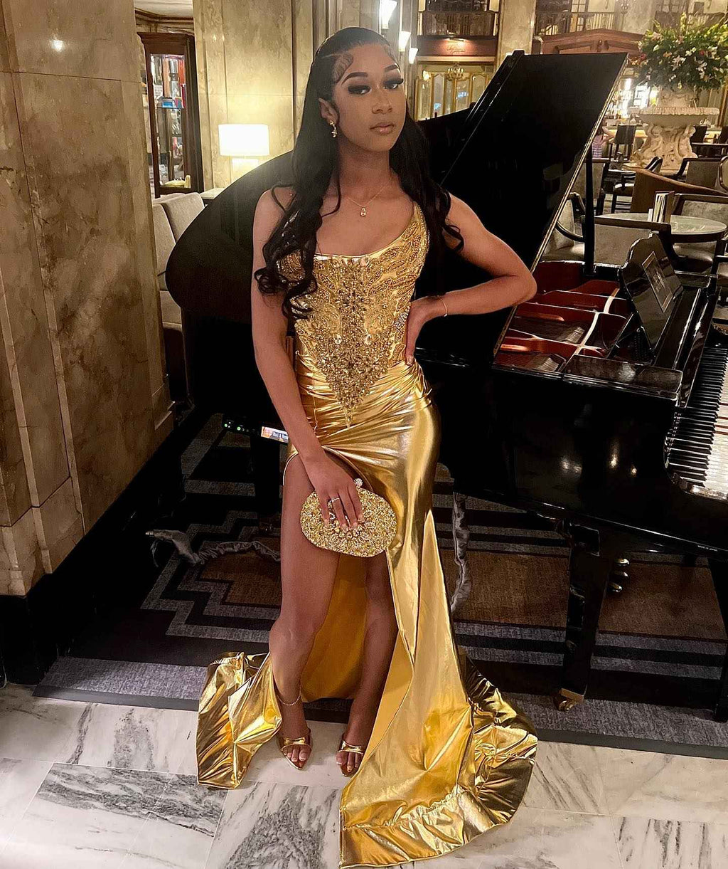 Golden Muse - Beaded Satin Mermaid Prom Dress with High Slit