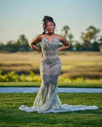 Silver Deco - Art Deco Beaded Prom Dress with Lace-Up Back & 3D Florals