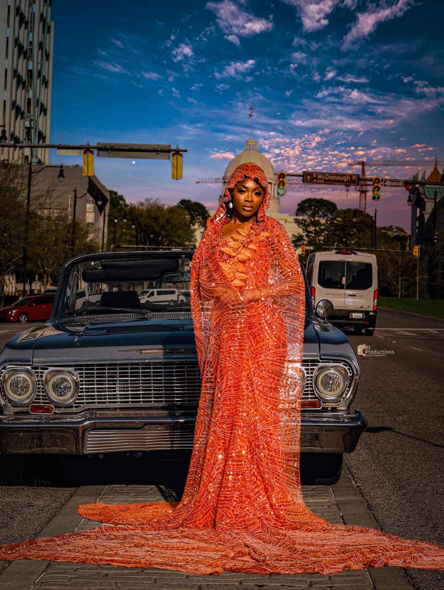 Inferno Queen - Orange Sequin Beaded Mermaid Gown with Dramatic Cape & Beaded Hood