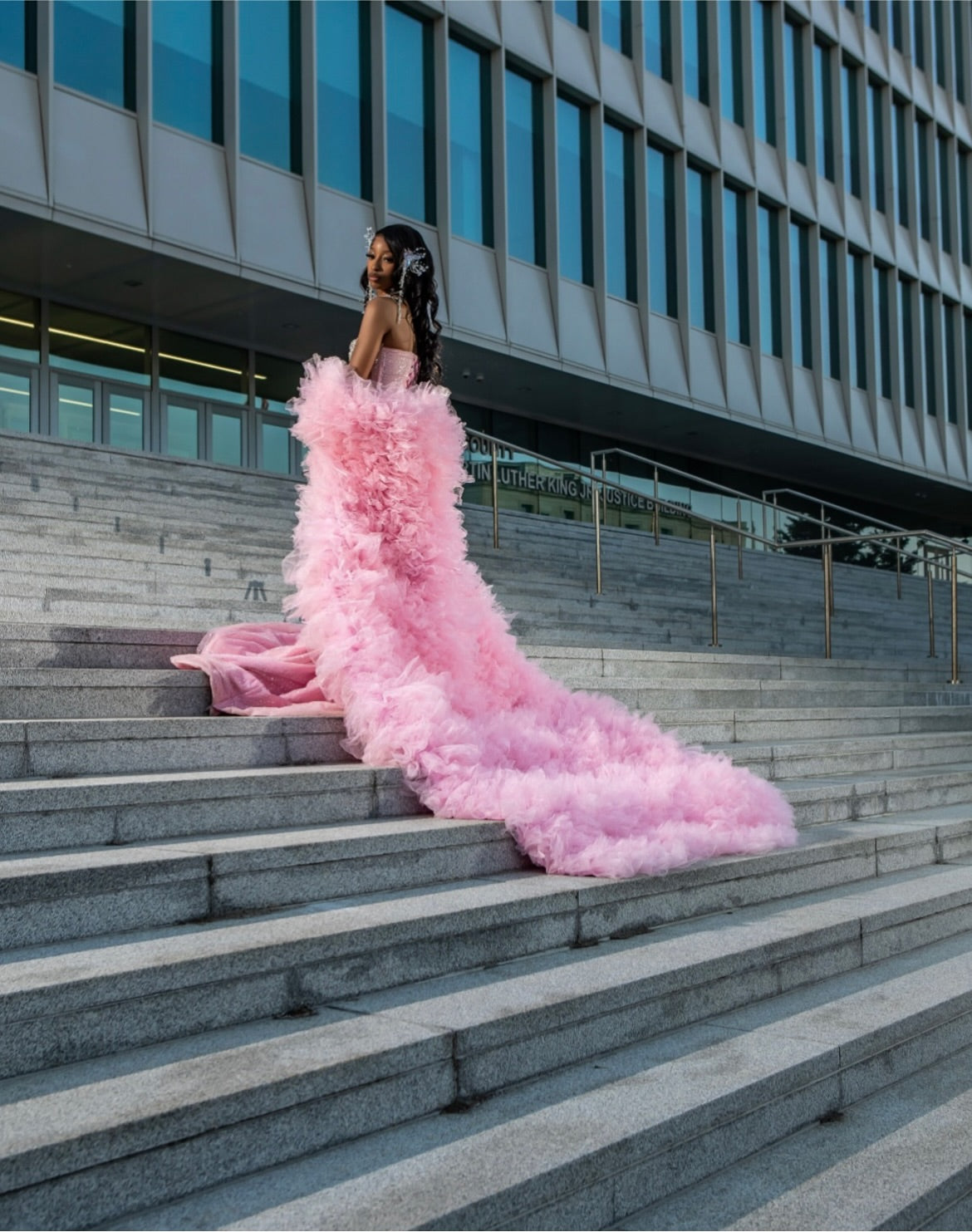 The Pink Princess - 2026 Crystal Beaded Mermaid Gown: Blush Pink with Silver Geometric Crystals & Dramatic Tulle Ruffle Overskirt
