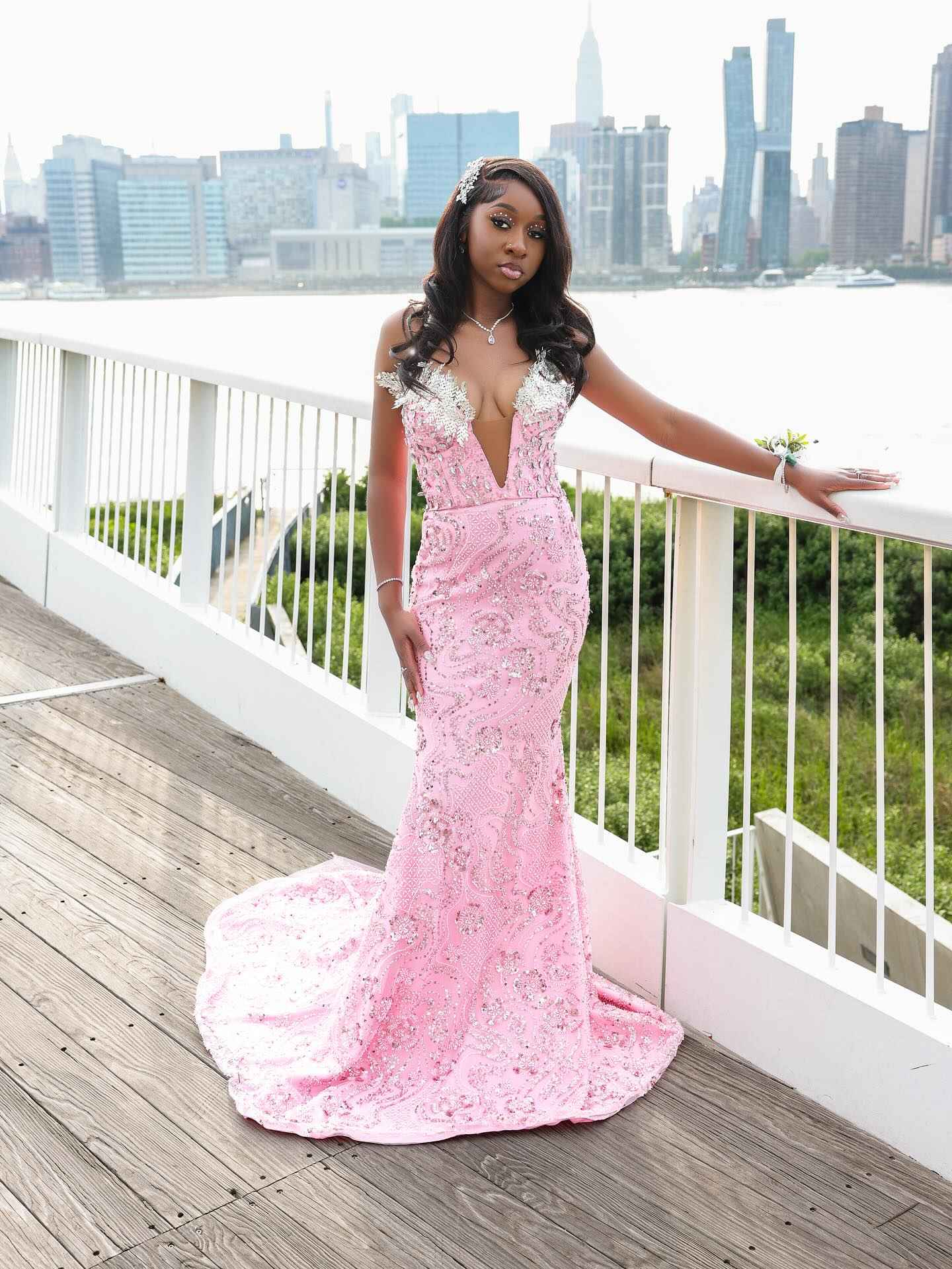 The Pink Perfection - 2026 Off-Shoulder Beaded Mermaid Gown: Blush Sequins with White Floral Appliqués & Cathedral Train