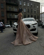 Rose Gold Waves - Beaded Long Sleeve Prom Dress with High Slit
