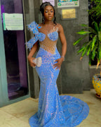 The Blue Butterfly - 2026 Beaded Mermaid Gown: One-Shoulder Blue Lace Appliqué with Sheer Crystal Corset & Geometric Beadwork