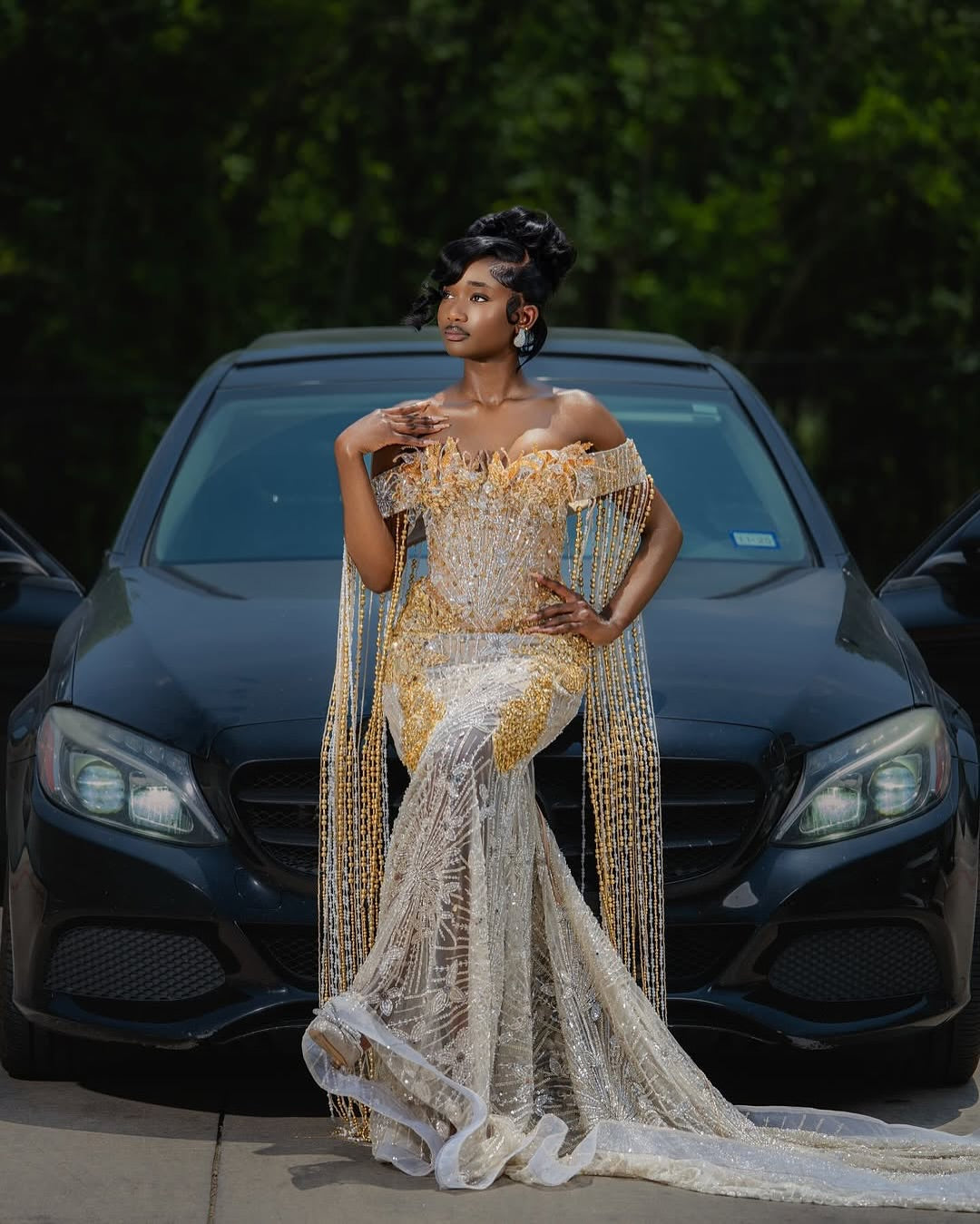 The Golden Empire - 2026 Beaded Mermaid Gown: Off-Shoulder with Dramatic Beaded Fringe Cape & Sheer Mesh Panels