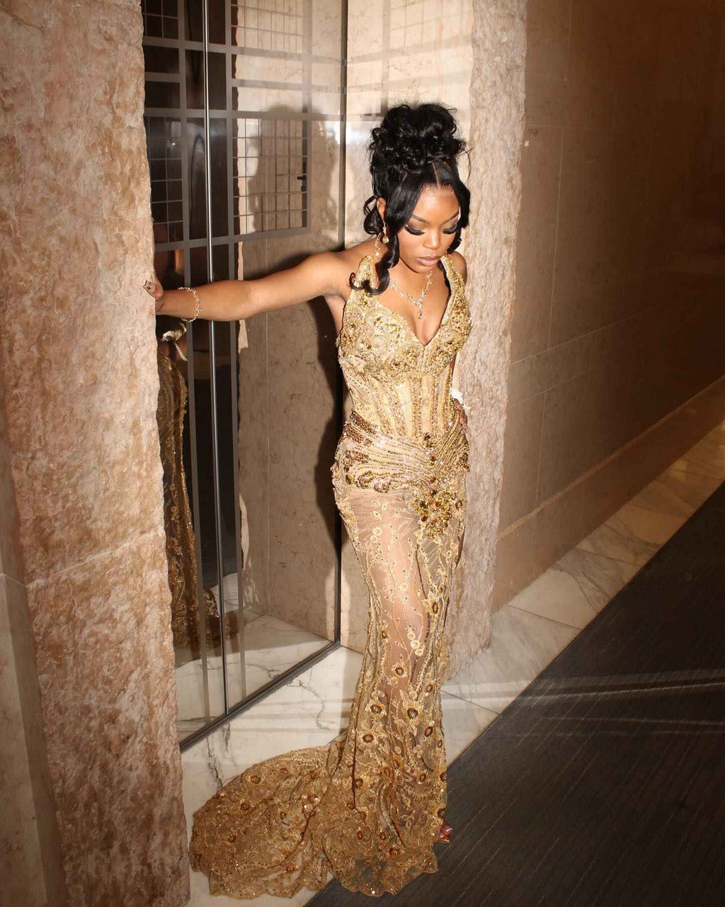 Golden Elegance - Sheer Beaded Prom Dress with Deep V & High Slit
