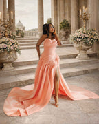 Coral Sunset - Draped Satin Mermaid Prom Dress with High Slit