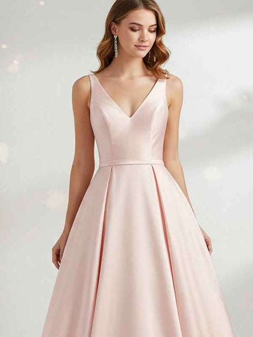 Pink Sheath/Column V-Neck Floor-Length Satin Prom Dress BMBRIDE