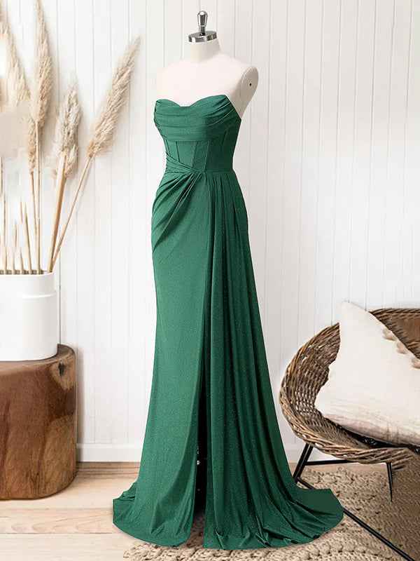 Glitter Royal Blue Strapless Mermaid Long Prom Dress with Slit
