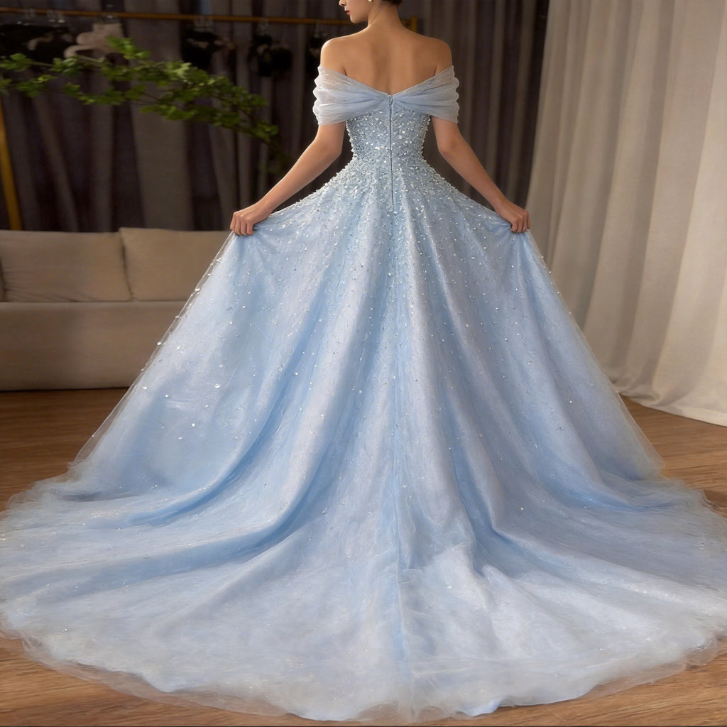 Off the Shoulder Sleeveless Long Prom Dress With Beading Tulle