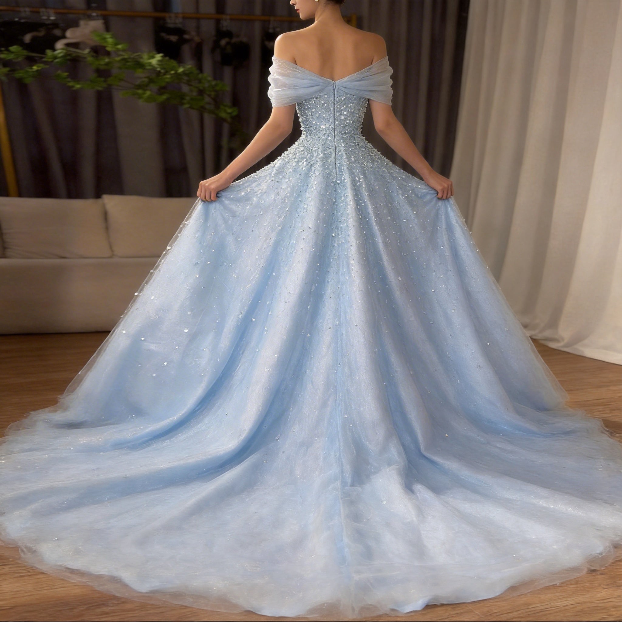 Off the Shoulder Sleeveless Long Prom Dress With Beading Tulle