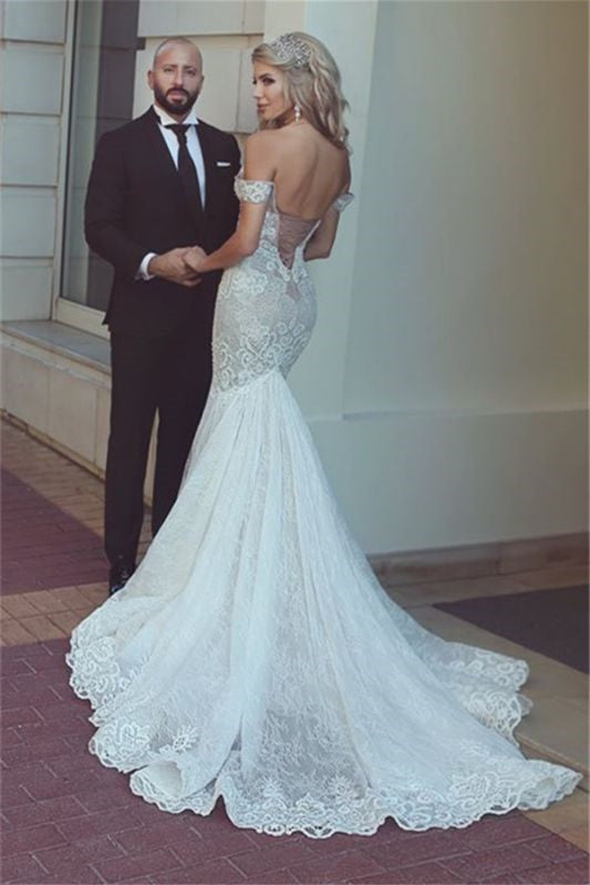 Off-the-Shoulder Sweetheart Mermaid Lace Wedding Dress with Lace-Up Back BM bride