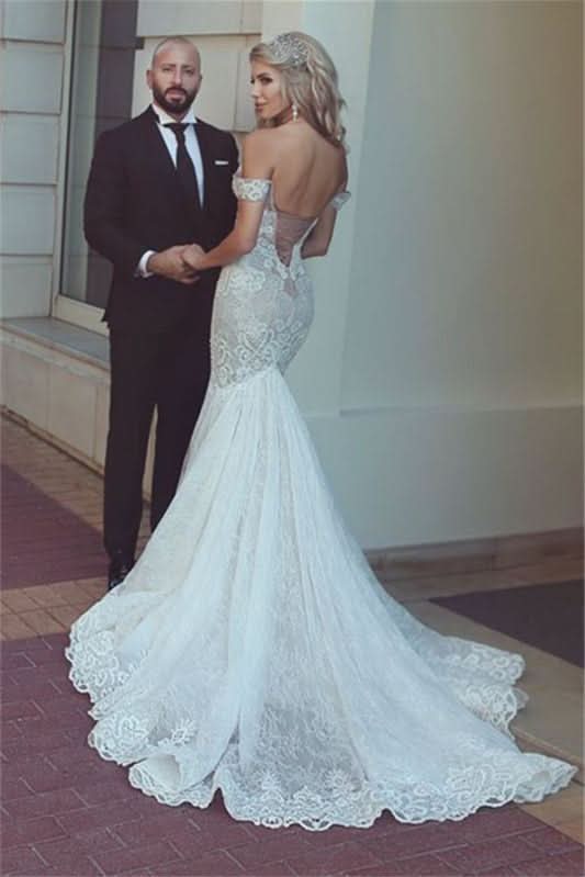 Off-the-Shoulder Sweetheart Mermaid Lace Wedding Dress with Lace-Up Back BM bride