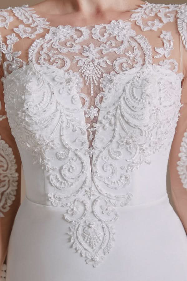 Jewel Neck Satin Lace Long Sleeve Mermaid Wedding Dress BM bride