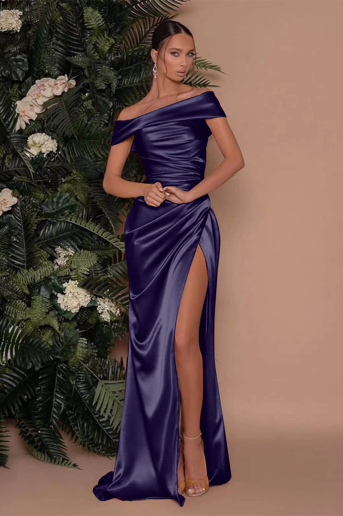 Champagne Off-The-Shoulder Charmeuse Prom Dress with Split Mermaid BM bride