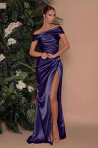Champagne Off-The-Shoulder Charmeuse Prom Dress with Split Mermaid BM bride