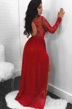 Chic Sequins Jewel Long Sleeves Appliques Long Prom Dress With Front Split