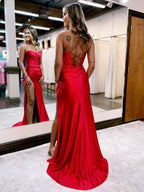 Captivating Red Spaghetti Straps Satin Mermaid Prom Dress with Slit BM bride