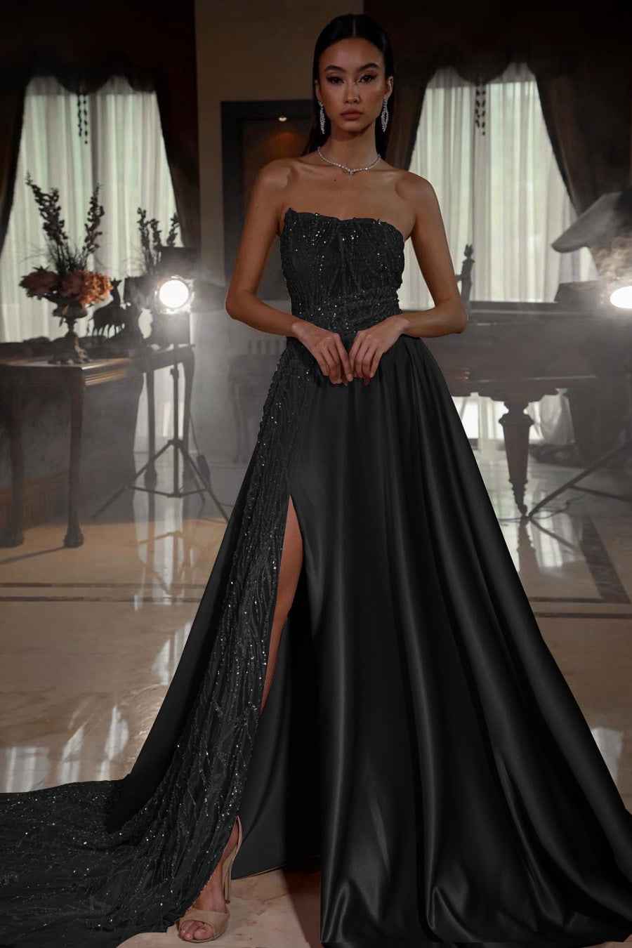Pink Strapless A Line Sleeveless Sequins Long Prom Dress With Front Split