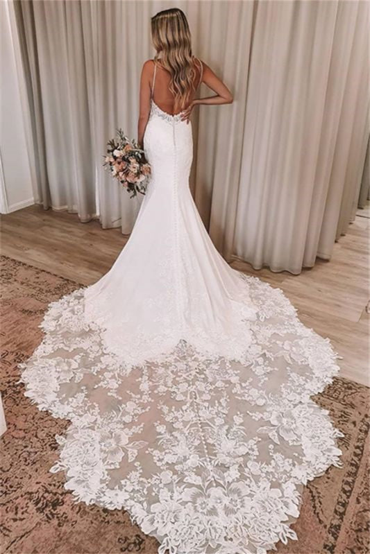 V-Neck Spaghetti Strap Backless Mermaid Wedding Dress with Lace Appliques BM bride