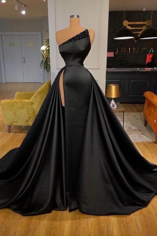 Black Overskirt Long Prom Dress with Slit Beads BM bride