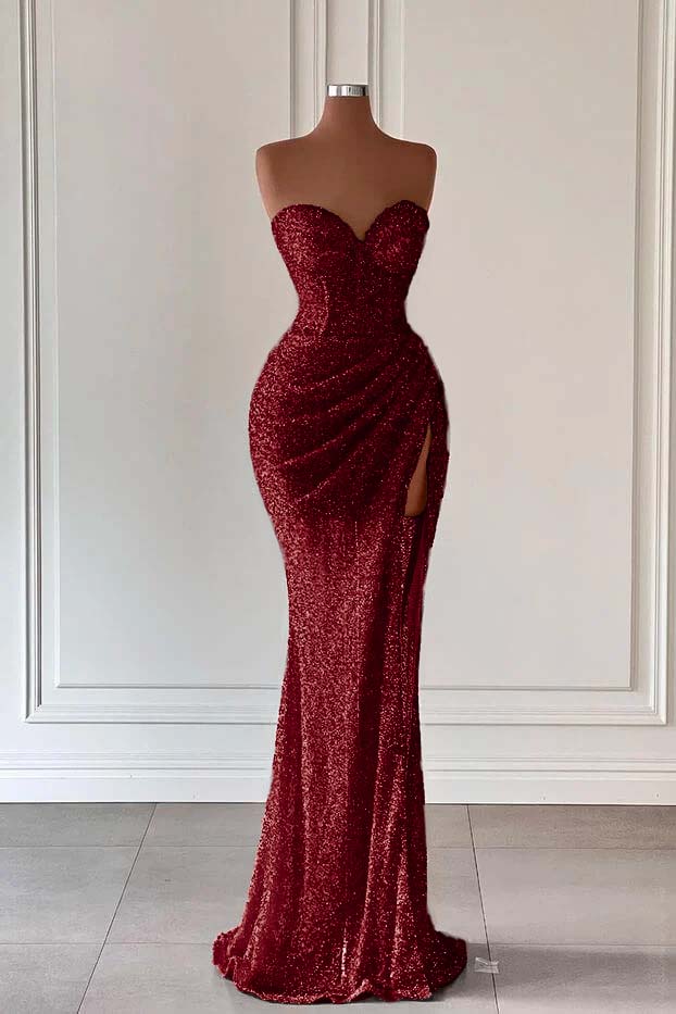 Red Sweetheart Sleeveless Long Mermaid Sequins Prom Dress With High Split BMBRIDE