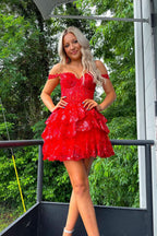 Glitter Fuchsia Tiered A-Line Short Lace Homecoming Dress Bmbride