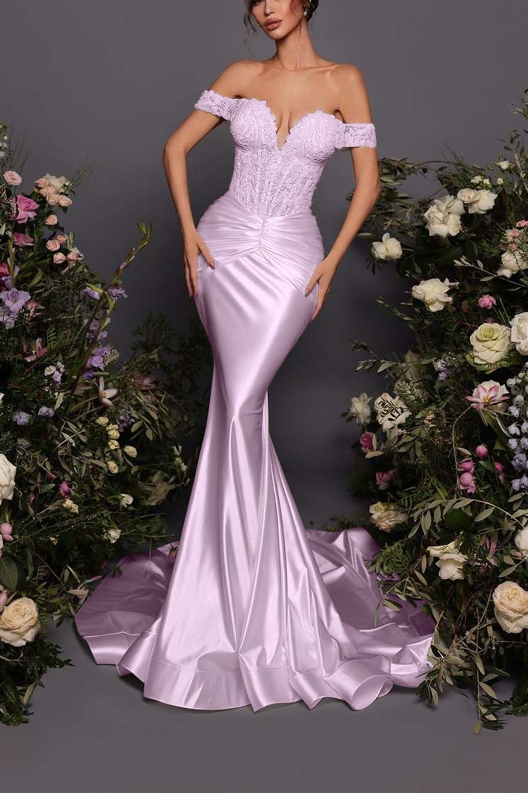 Off The Shoulder Sleeveless Long Mermaid Prom Dress With Pleated BMBRIDE