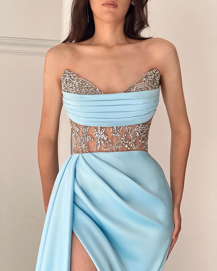 Modern Sky Blue Strapless Mermaid Prom Dress Split With Beading BMBRIDE