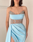 Gorgeous Sky Blue Strapless Mermaid Prom Dress with Beadings Split BM bride