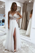 Long A-Line V-Neck Tulle Wedding Dress with Slit BM bride
