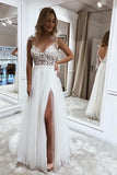 Long A-Line V-Neck Tulle Wedding Dress with Slit BM bride