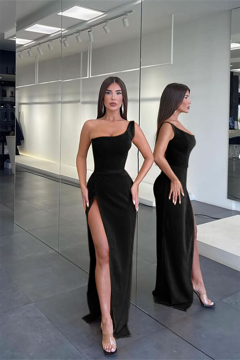 Glamorous One Shoulder Sleeveless Long Mermaid Evening Dress with Split BM bride