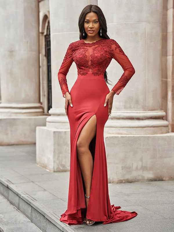 Red Jewel Long Sleeves Appliques Long Mermaid Prom Dress With Front Split