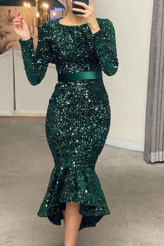 Stunning Black Mermaid Sequins Long Sleeves Prom Dress Online With Belt