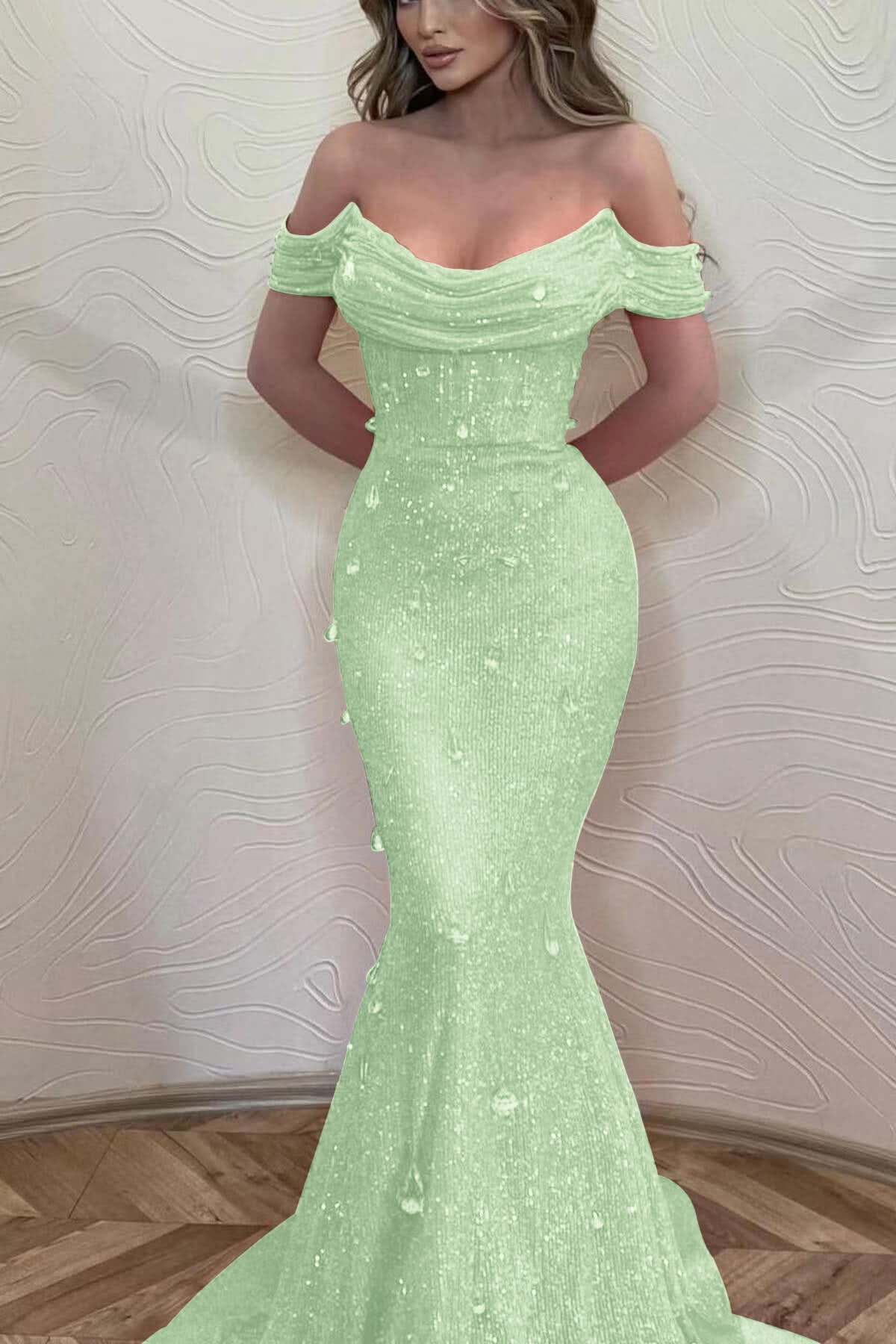 Orange Mermaid Off-The-Shoulder Prom Dress with Sequins BM bride