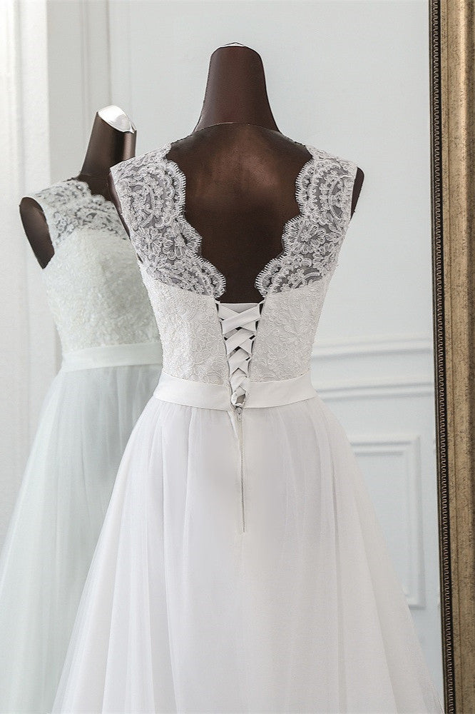 Jewel Neck A-Line Tulle Wedding Dress with Lace Appliques BM bride