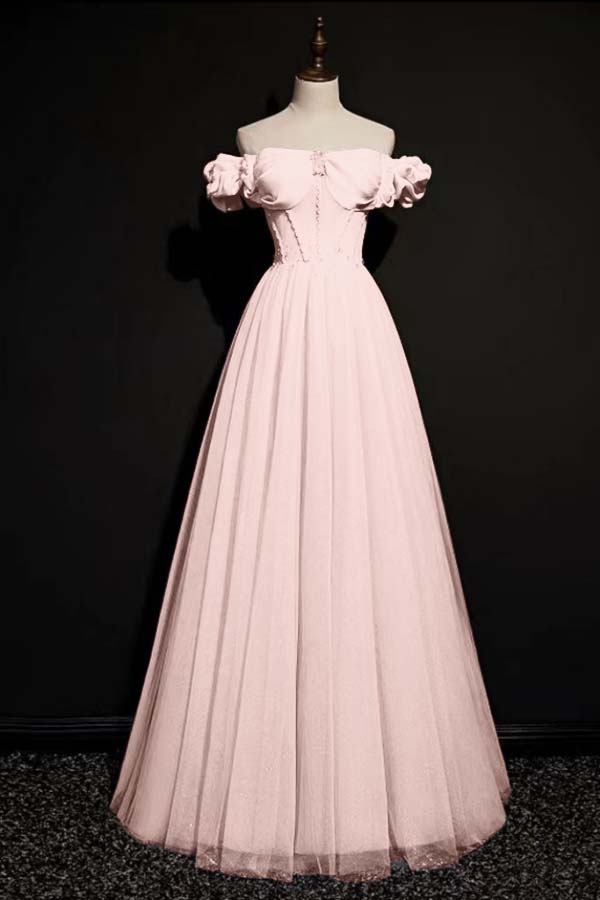 Off the Shoulder Strapless Sleeveless Long Prom Dress With Tulle BMBRIDE